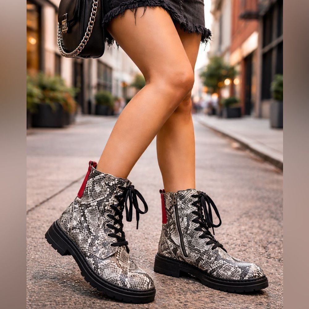Salt+Umber Snake Embossed Combat Boots Red Heel Lug Sole Size 40 Bikercore